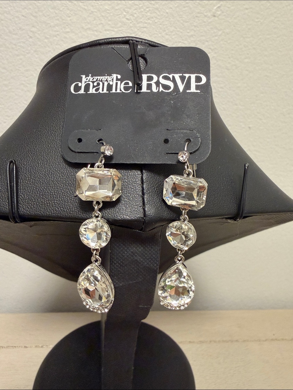 Charming Charlie RSVP Silver Clear Rhinestone Crystal Drop Dangle Earrings NWT